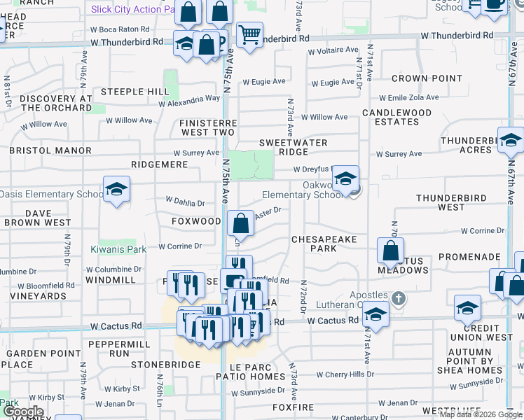 map of restaurants, bars, coffee shops, grocery stores, and more near 7338 West Aster Drive in Peoria