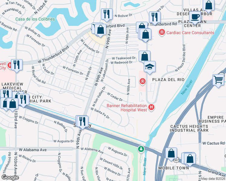 map of restaurants, bars, coffee shops, grocery stores, and more near 9831 West Forrester Drive in Sun City