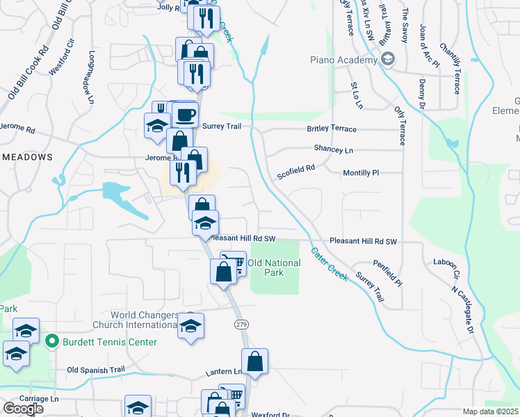 map of restaurants, bars, coffee shops, grocery stores, and more near 5200 Willow Park Boulevard in College Park