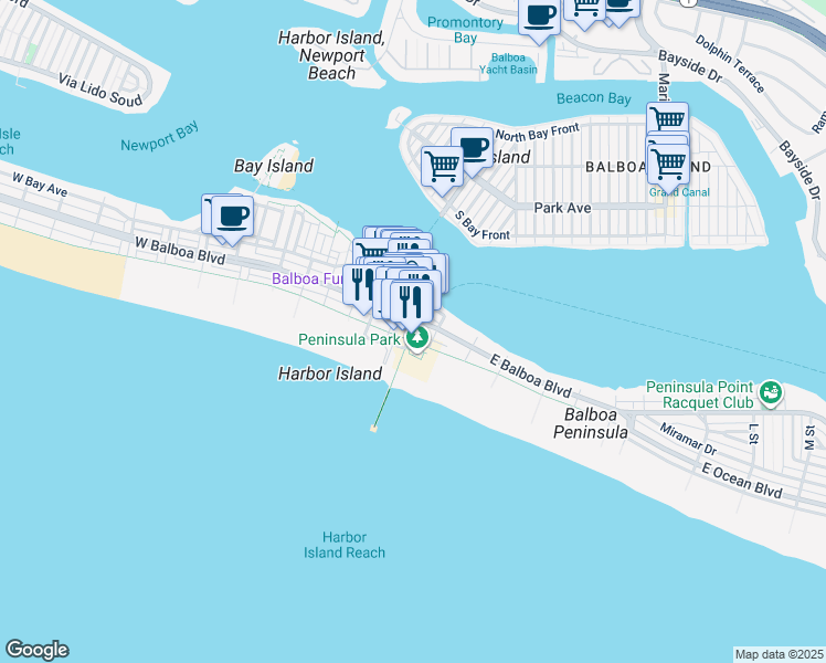 map of restaurants, bars, coffee shops, grocery stores, and more near 123 Main Street in Newport Beach