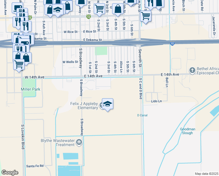 map of restaurants, bars, coffee shops, grocery stores, and more near 591 South 3rd Street in Blythe