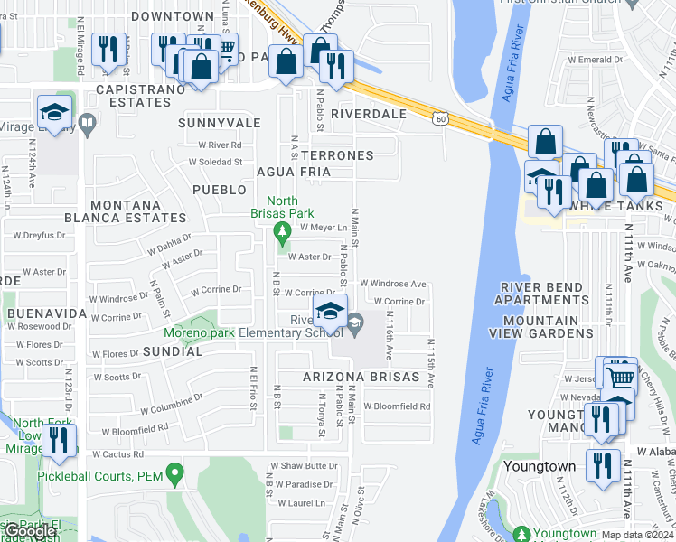 map of restaurants, bars, coffee shops, grocery stores, and more near 11766 West Windrose Avenue in El Mirage