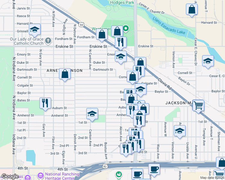 map of restaurants, bars, coffee shops, grocery stores, and more near 2620 Baylor St in Lubbock