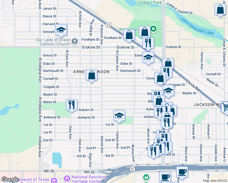 map of restaurants, bars, coffee shops, grocery stores, and more near 2802 Baylor Street in Lubbock