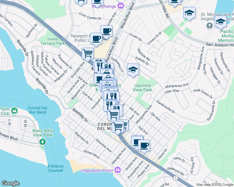 map of restaurants, bars, coffee shops, grocery stores, and more near 704 Goldenrod Avenue in Newport Beach