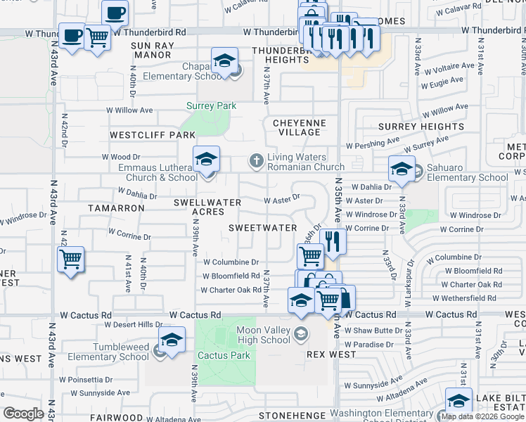 map of restaurants, bars, coffee shops, grocery stores, and more near 3702 West Windrose Drive in Phoenix