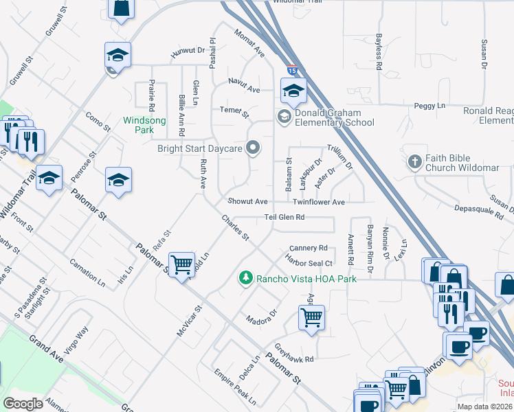map of restaurants, bars, coffee shops, grocery stores, and more near 22927 Showut Avenue in Wildomar