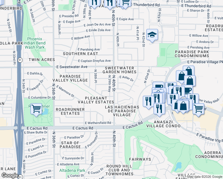 map of restaurants, bars, coffee shops, grocery stores, and more near 12621 North 39th Way in Phoenix