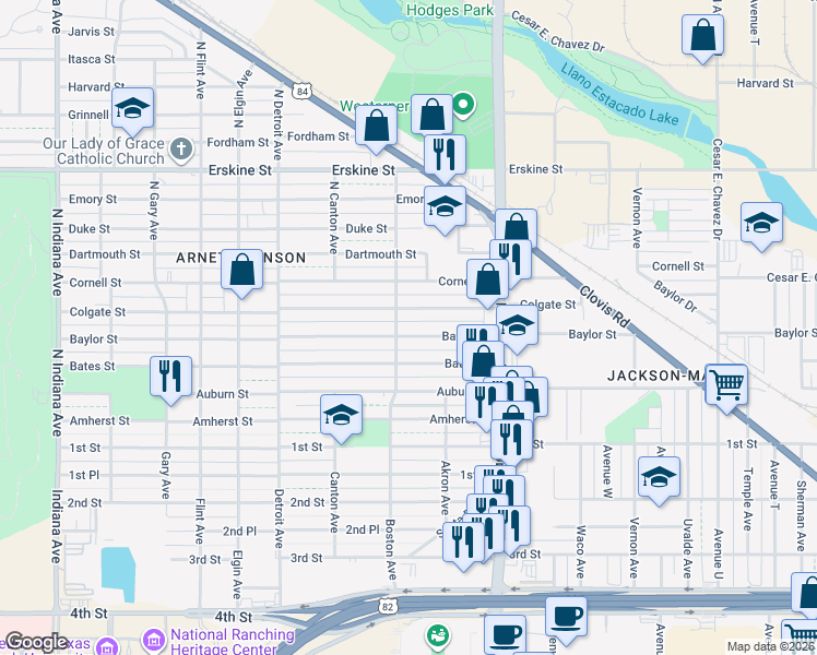 map of restaurants, bars, coffee shops, grocery stores, and more near 2620 Baylor St in Lubbock