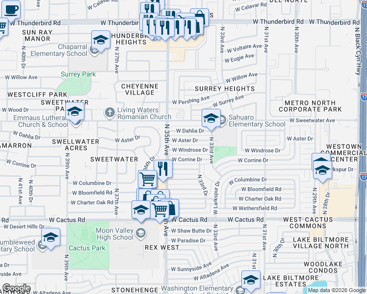 map of restaurants, bars, coffee shops, grocery stores, and more near 3414 West Windrose Drive in Phoenix