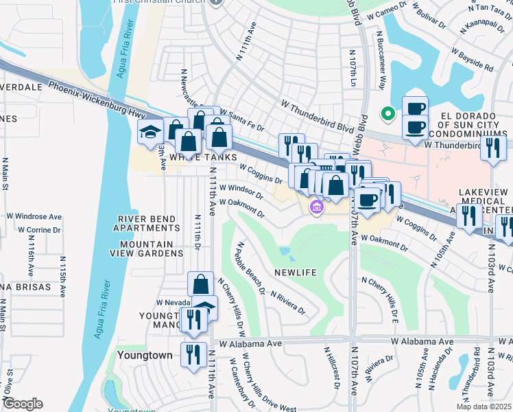 map of restaurants, bars, coffee shops, grocery stores, and more near 10950 West Oakmont Drive in Sun City
