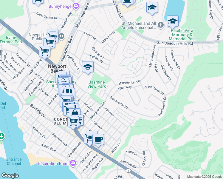 map of restaurants, bars, coffee shops, grocery stores, and more near Marguerite Avenue in Newport Beach