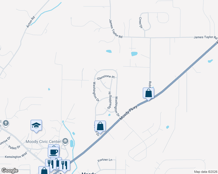 map of restaurants, bars, coffee shops, grocery stores, and more near 1004 Washington Court in Moody