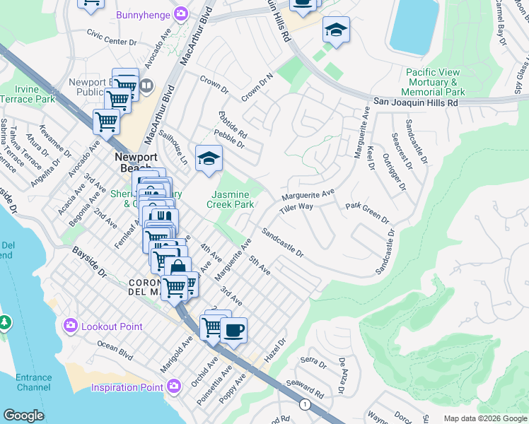 map of restaurants, bars, coffee shops, grocery stores, and more near Marguerite Avenue in Newport Beach
