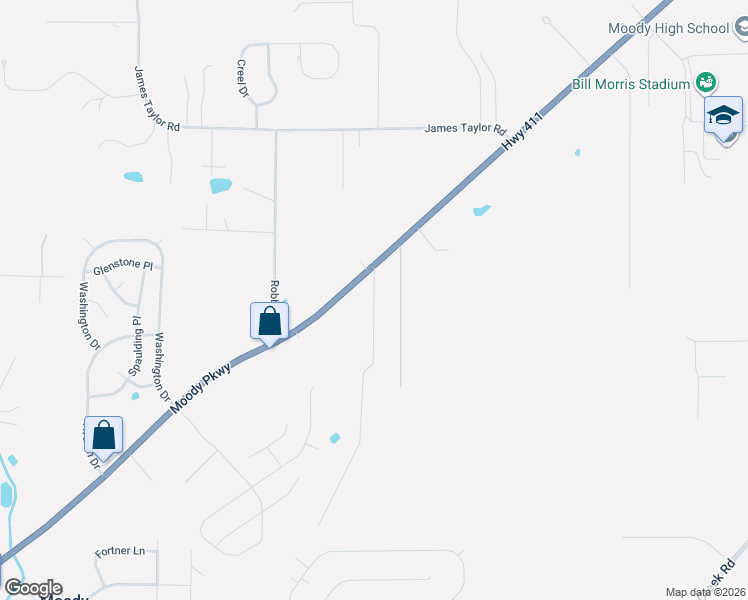 map of restaurants, bars, coffee shops, grocery stores, and more near 3411 Moody Parkway in Moody