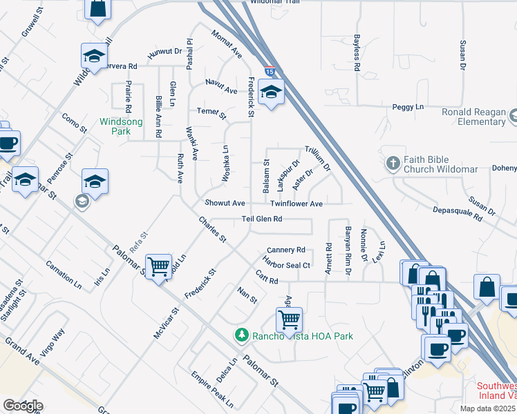 map of restaurants, bars, coffee shops, grocery stores, and more near 23035 Twinflower Avenue in Wildomar