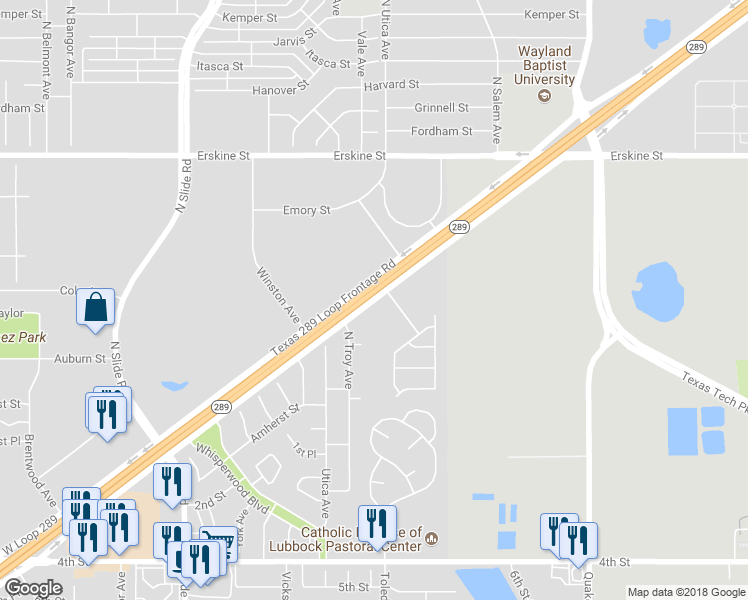 map of restaurants, bars, coffee shops, grocery stores, and more near Texas 289 Loop Frontage Road in Lubbock