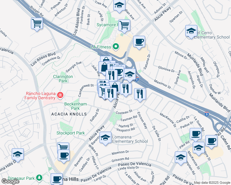 map of restaurants, bars, coffee shops, grocery stores, and more near in Laguna Hills