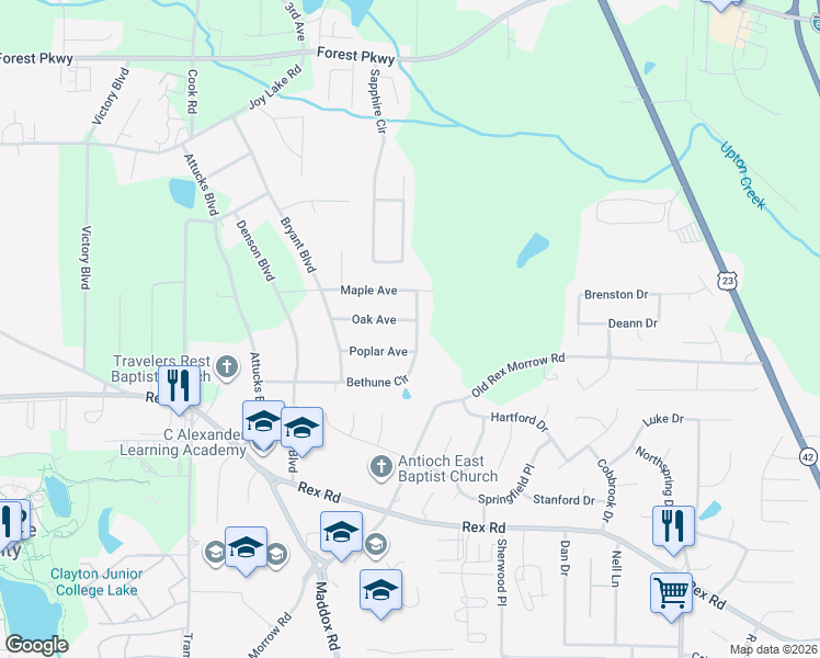 map of restaurants, bars, coffee shops, grocery stores, and more near 2401 Bethune Circle in Morrow