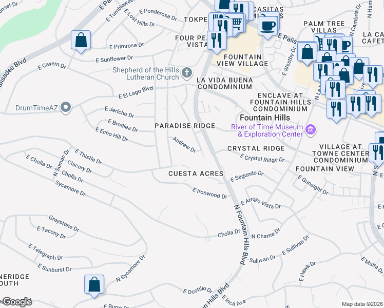 map of restaurants, bars, coffee shops, grocery stores, and more near 16129 Andrew Dr in Fountain Hills