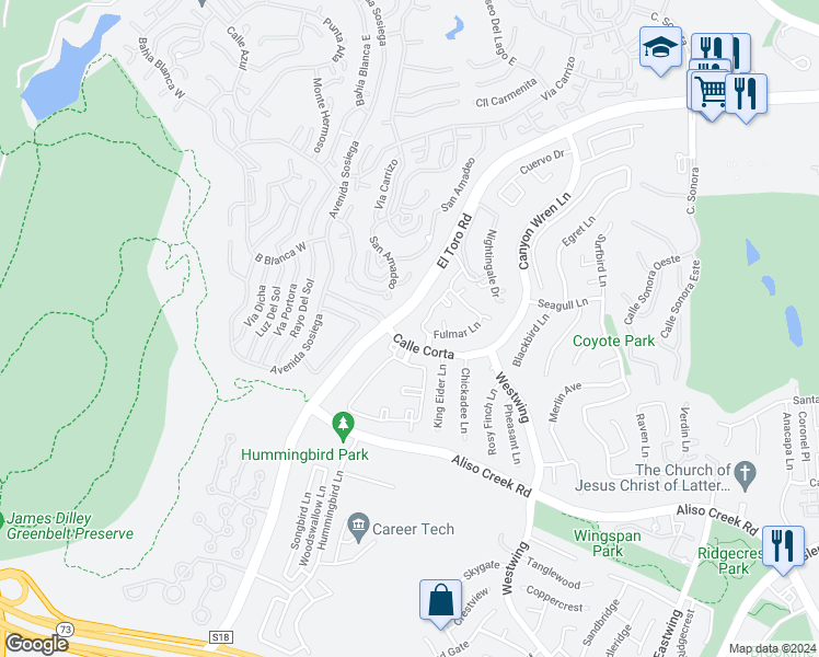 map of restaurants, bars, coffee shops, grocery stores, and more near 163 Night Heron Lane in Aliso Viejo