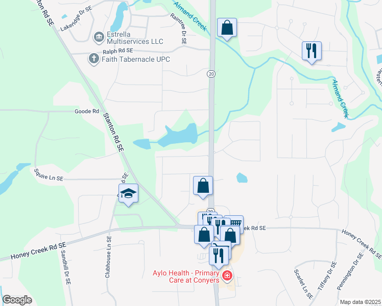 map of restaurants, bars, coffee shops, grocery stores, and more near 900 Waterside Drive Southeast in Conyers
