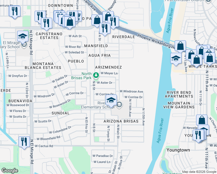 map of restaurants, bars, coffee shops, grocery stores, and more near 11803 West Windrose Avenue in El Mirage
