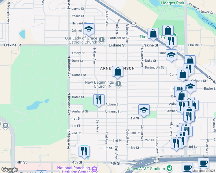map of restaurants, bars, coffee shops, grocery stores, and more near 3008 Baylor Street in Lubbock