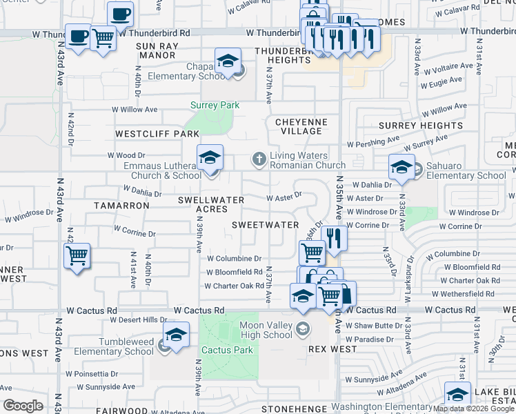 map of restaurants, bars, coffee shops, grocery stores, and more near 3702 West Windrose Drive in Phoenix