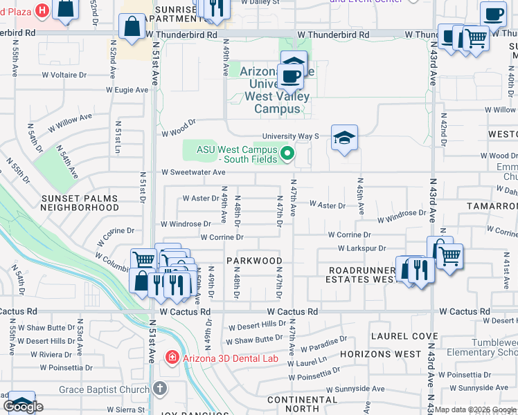 map of restaurants, bars, coffee shops, grocery stores, and more near 4805 West Rosewood Drive in Glendale