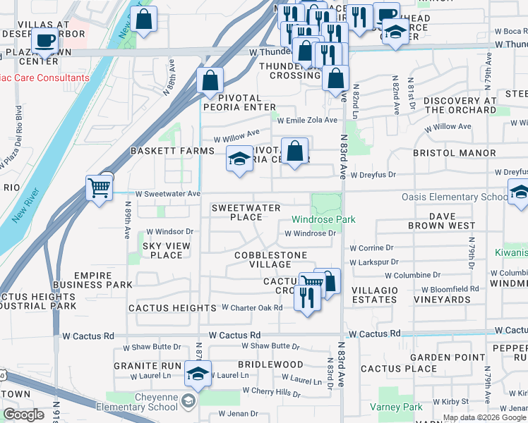 map of restaurants, bars, coffee shops, grocery stores, and more near 12732 North 84th Lane in Peoria