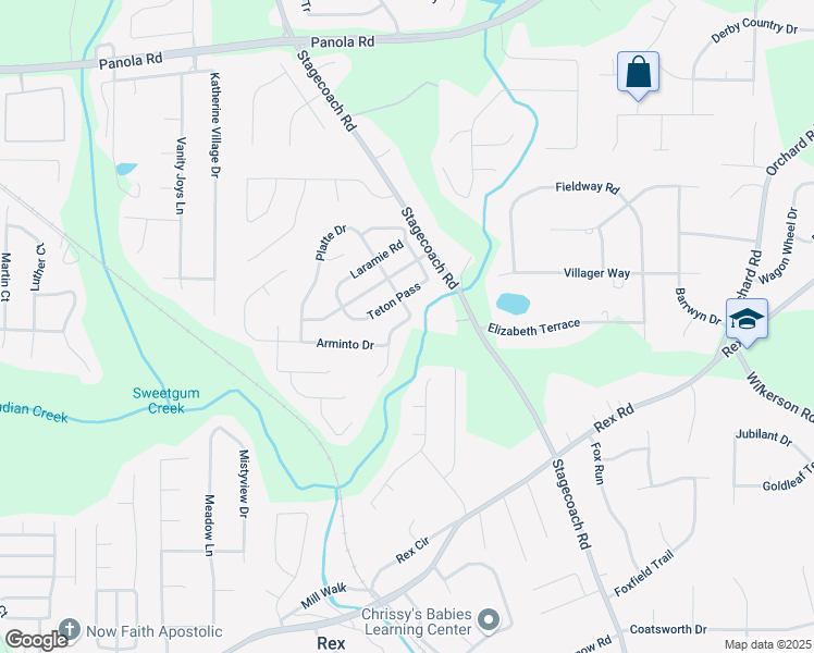 map of restaurants, bars, coffee shops, grocery stores, and more near 5622 Platte Drive in Ellenwood