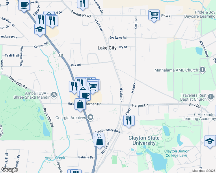 map of restaurants, bars, coffee shops, grocery stores, and more near 5644 Waterford Court in Lake City