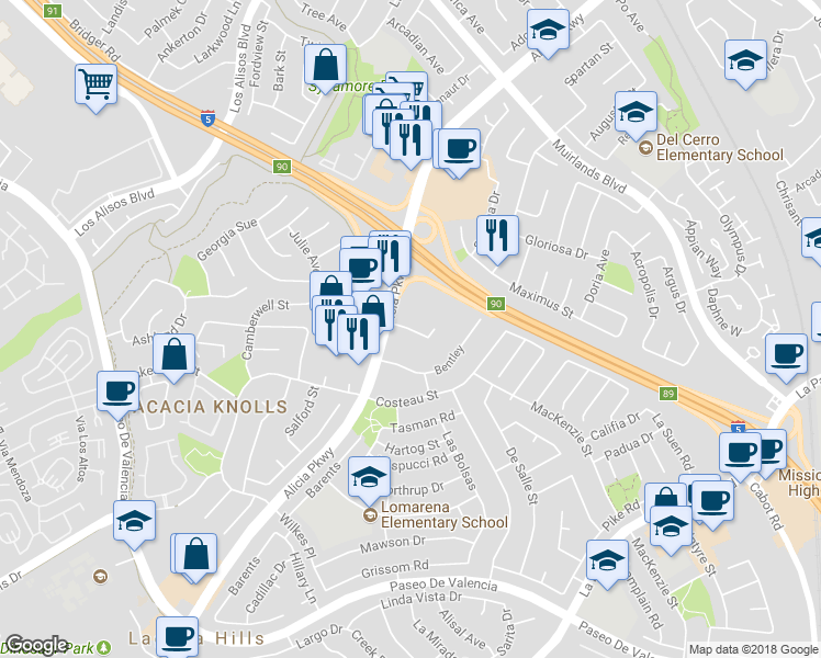 map of restaurants, bars, coffee shops, grocery stores, and more near 25298 Paseo De Alicia in Laguna Hills