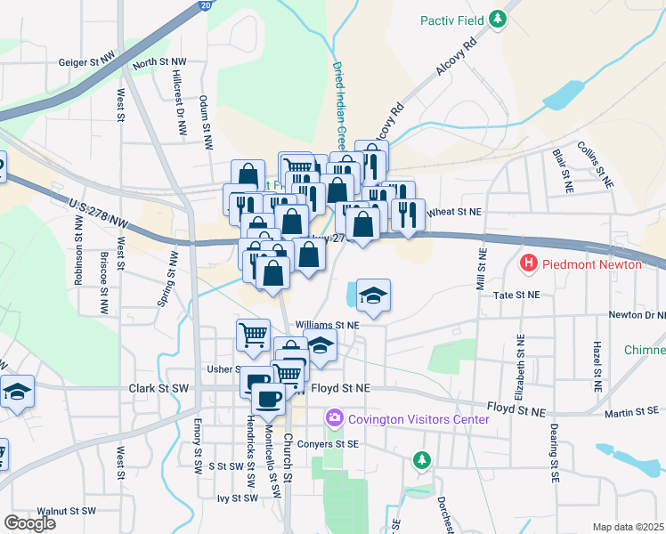 map of restaurants, bars, coffee shops, grocery stores, and more near Elm Street Northeast in Covington
