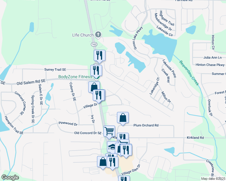 map of restaurants, bars, coffee shops, grocery stores, and more near 3245 Salem Cove Way Southeast in Conyers