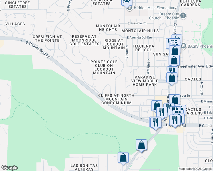 map of restaurants, bars, coffee shops, grocery stores, and more near 1550 East Thunderbird Road in Phoenix
