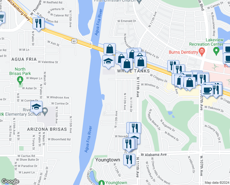 map of restaurants, bars, coffee shops, grocery stores, and more near 12828 North 113th Avenue in Youngtown