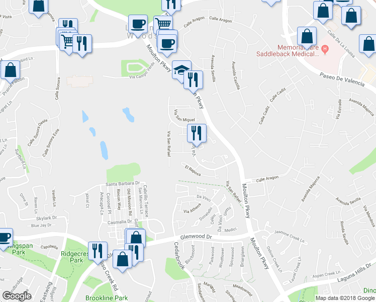 map of restaurants, bars, coffee shops, grocery stores, and more near 24826 Via San Marco in Aliso Viejo