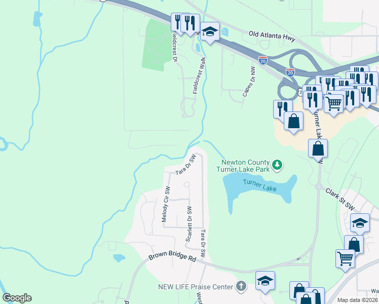 map of restaurants, bars, coffee shops, grocery stores, and more near 9436 Tara Drive Southwest in Covington