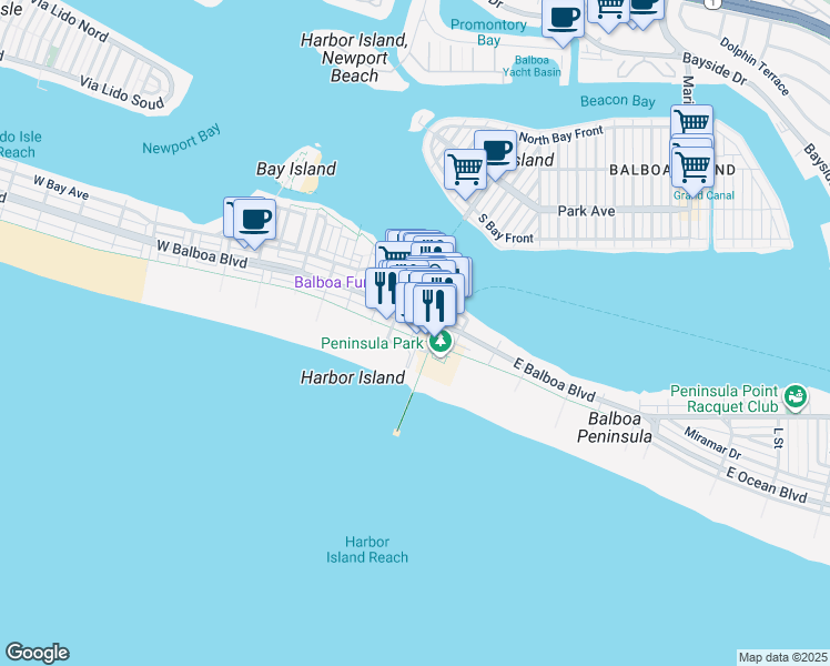 map of restaurants, bars, coffee shops, grocery stores, and more near 700 East Oceanfront in Newport Beach