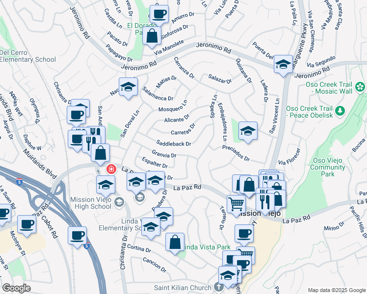 map of restaurants, bars, coffee shops, grocery stores, and more near 26686 Saddleback Drive in Mission Viejo