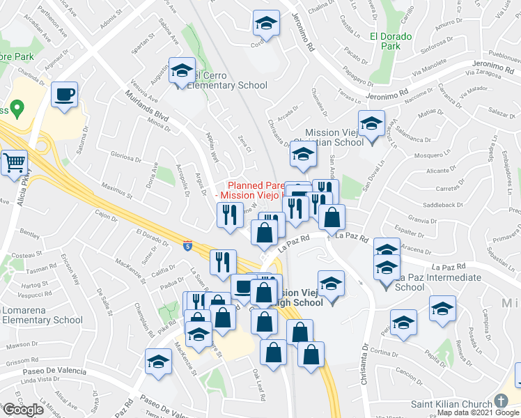 map of restaurants, bars, coffee shops, grocery stores, and more near 24812 Leto Circle in Mission Viejo