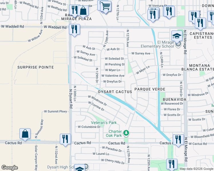 map of restaurants, bars, coffee shops, grocery stores, and more near 12826 West Sweetwater Avenue in El Mirage