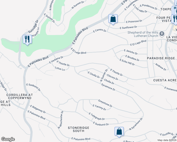 map of restaurants, bars, coffee shops, grocery stores, and more near 15519 Chicory Drive in Fountain Hills