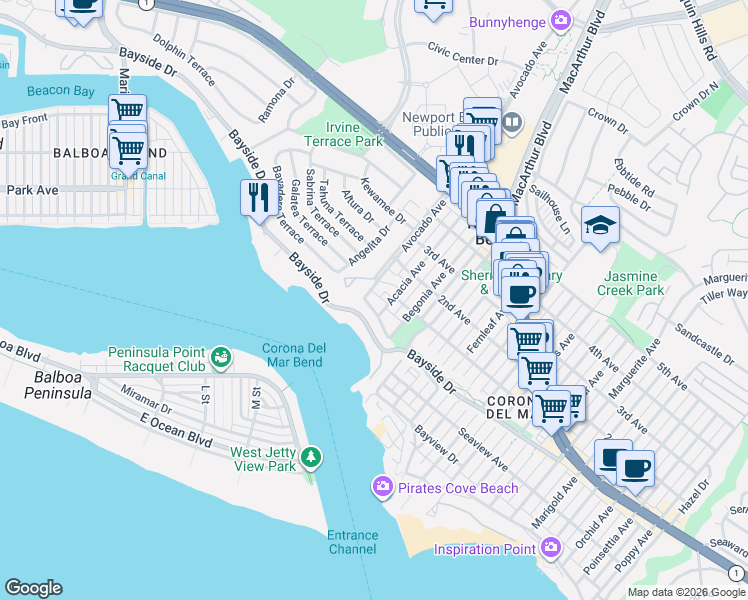 map of restaurants, bars, coffee shops, grocery stores, and more near 2212 Pacific Drive in Newport Beach