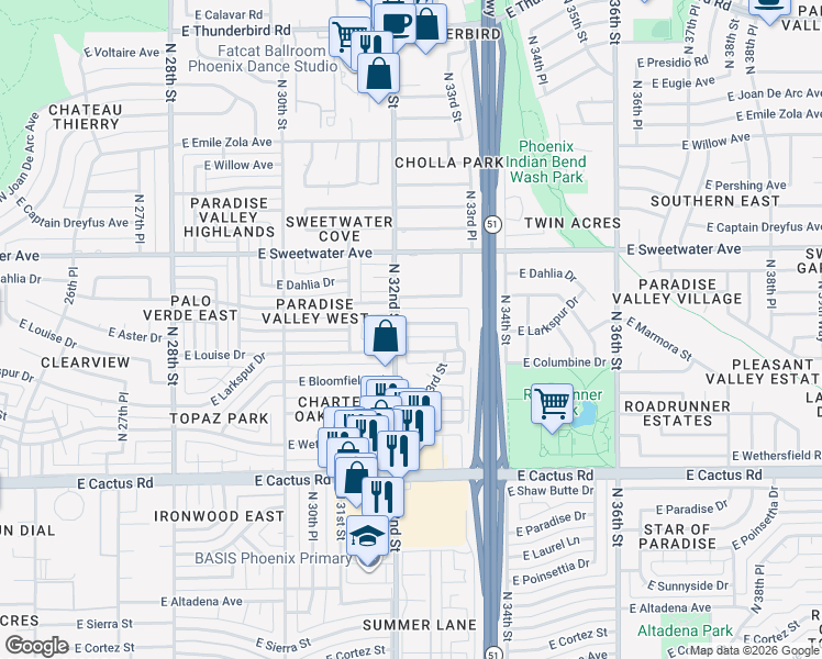 map of restaurants, bars, coffee shops, grocery stores, and more near 3209 East Corrine Drive in Phoenix