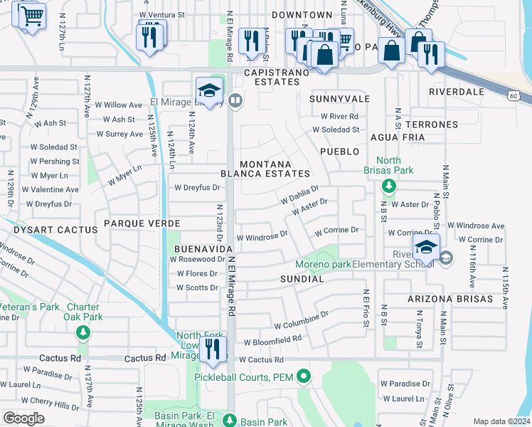 map of restaurants, bars, coffee shops, grocery stores, and more near 12203 West Dahlia Drive in El Mirage