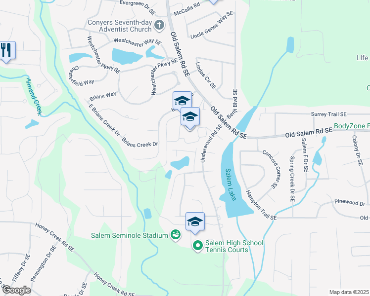 map of restaurants, bars, coffee shops, grocery stores, and more near 1770 Southgate Lane Southeast in Conyers