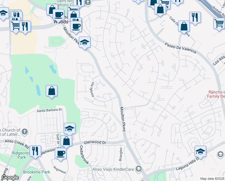 map of restaurants, bars, coffee shops, grocery stores, and more near 23581 Los Grandes Street in Aliso Viejo